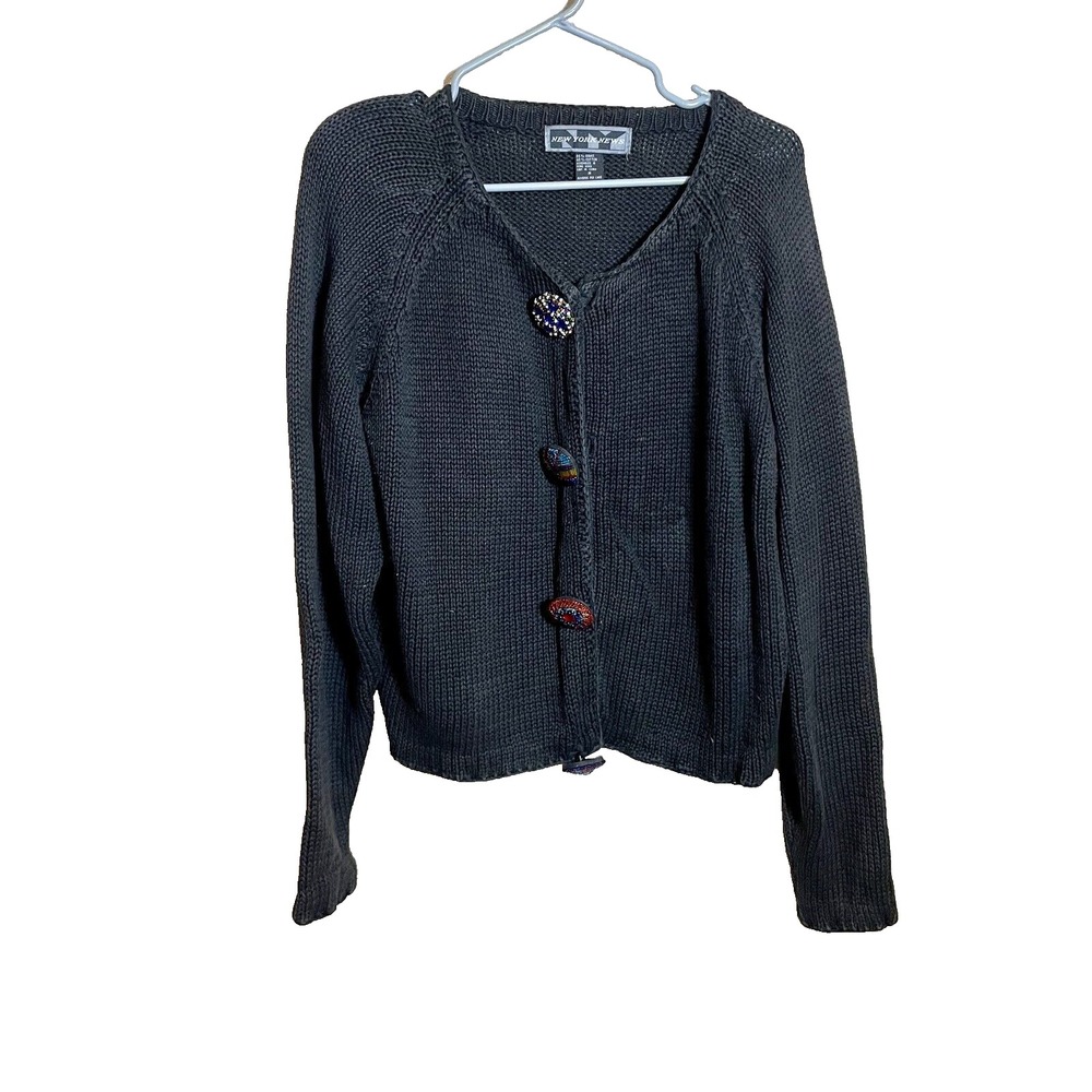 New York News Cardigan Sweater Womens‎ M Black Long Sleeve Knit Beaded Button